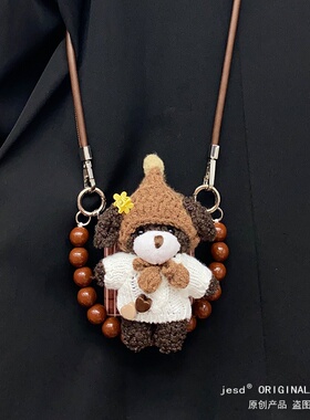 秋冬ins棕格纹立体毛衣小熊适用华为pocket2三星zflip765磁吸支架n3flip手机壳PuraX小米mixflip2荣耀vflip2