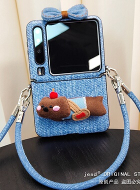 浅蓝牛仔皮纹小胖狗适用三星Zflip567手机壳小米MIXFlip2荣耀VFlip2华为PuraX保护套Pocket2蝴蝶结N3Flip斜挎