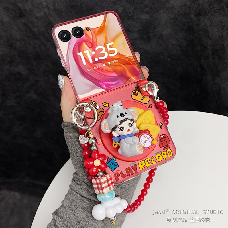 可爱立体闹钟考拉女孩磁吸支架适用摩托罗拉Razr60手机壳折叠屏moto razr50ultra背带挂绳保护套斜挎卡通新款