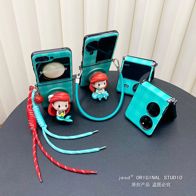 美人鱼公主磁吸支架适用三星zflip6/5/4/3折叠屏手机壳新款pocket2保护套小米mixflip皮质oppo可爱n3flip挂绳