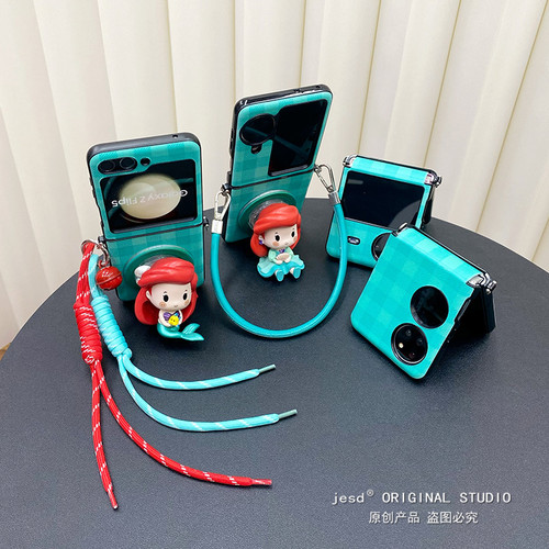 美人鱼公主磁吸支架适用三星zflip6/5/4/3折叠屏手机壳新款pocket2保护套小米mixflip皮质oppo可爱n3flip挂绳