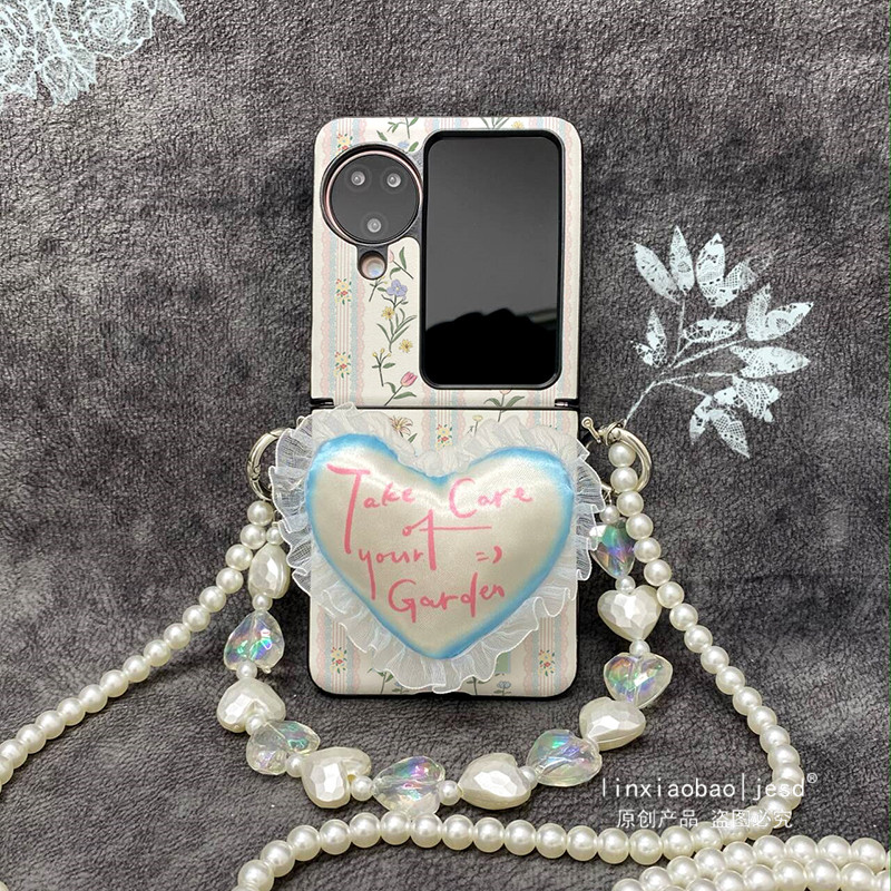 日韩创意小众甜美蕾丝碎花爱心枕头支架适用oppo Findn2Flip手机壳新款小众findn3Flip折叠屏皮纹保护壳挂绳