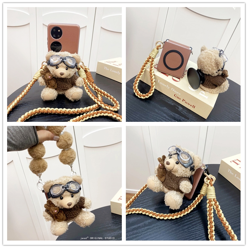 ins可爱飞行员毛绒小熊磁吸支架适用摩托罗拉razr50ultra手机壳折叠屏razr60带挂绳保护套motorazr60全包防摔