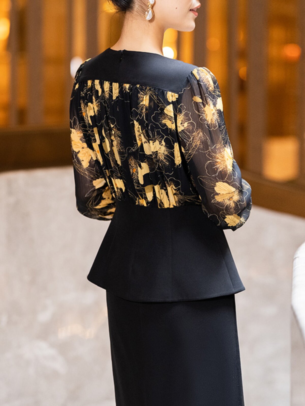 BLACK PRINTED SUIT WOMENS AUTUMN 2023 NEW TEMPERAMENT ELEGANT LONG SLEEVE SLIM SKIRT TWO-PIECE SET