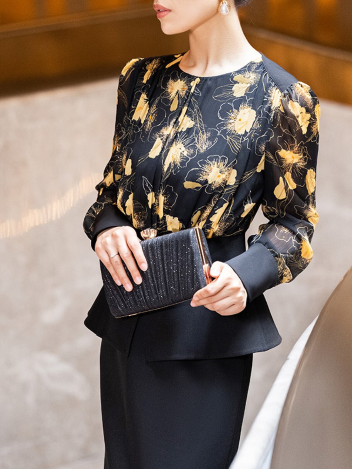 BLACK PRINTED SUIT WOMENS AUTUMN 2023 NEW TEMPERAMENT ELEGANT LONG SLEEVE SLIM SKIRT TWO-PIECE SET