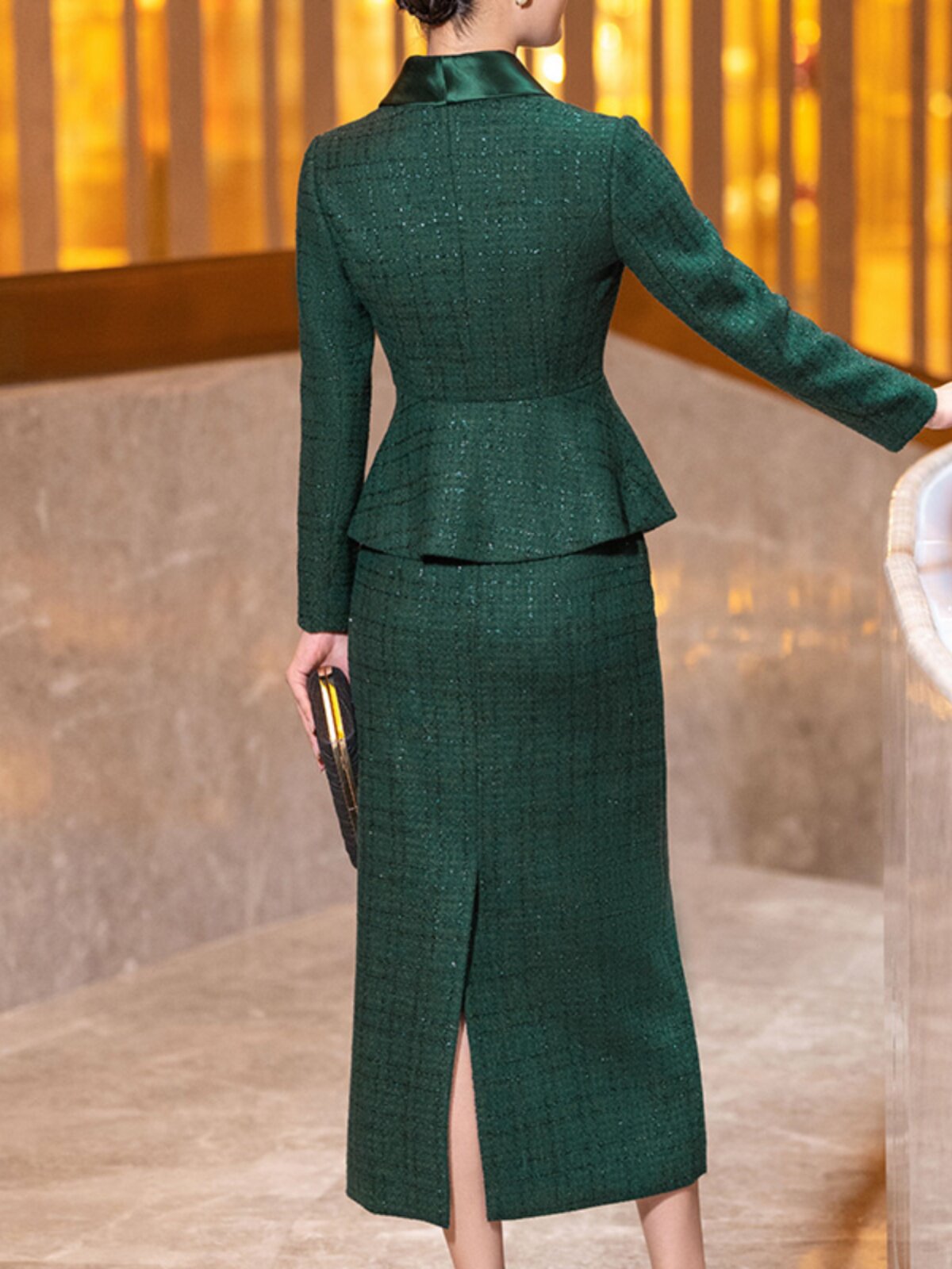 GREEN LITTLE FRAGRANCE SUIT WOMENS AUTUMN AND WINTER 2024 NEW FASHION TEMPERAMENT HIGH-END SLIM SLIM TWO-PIECE SKIRT