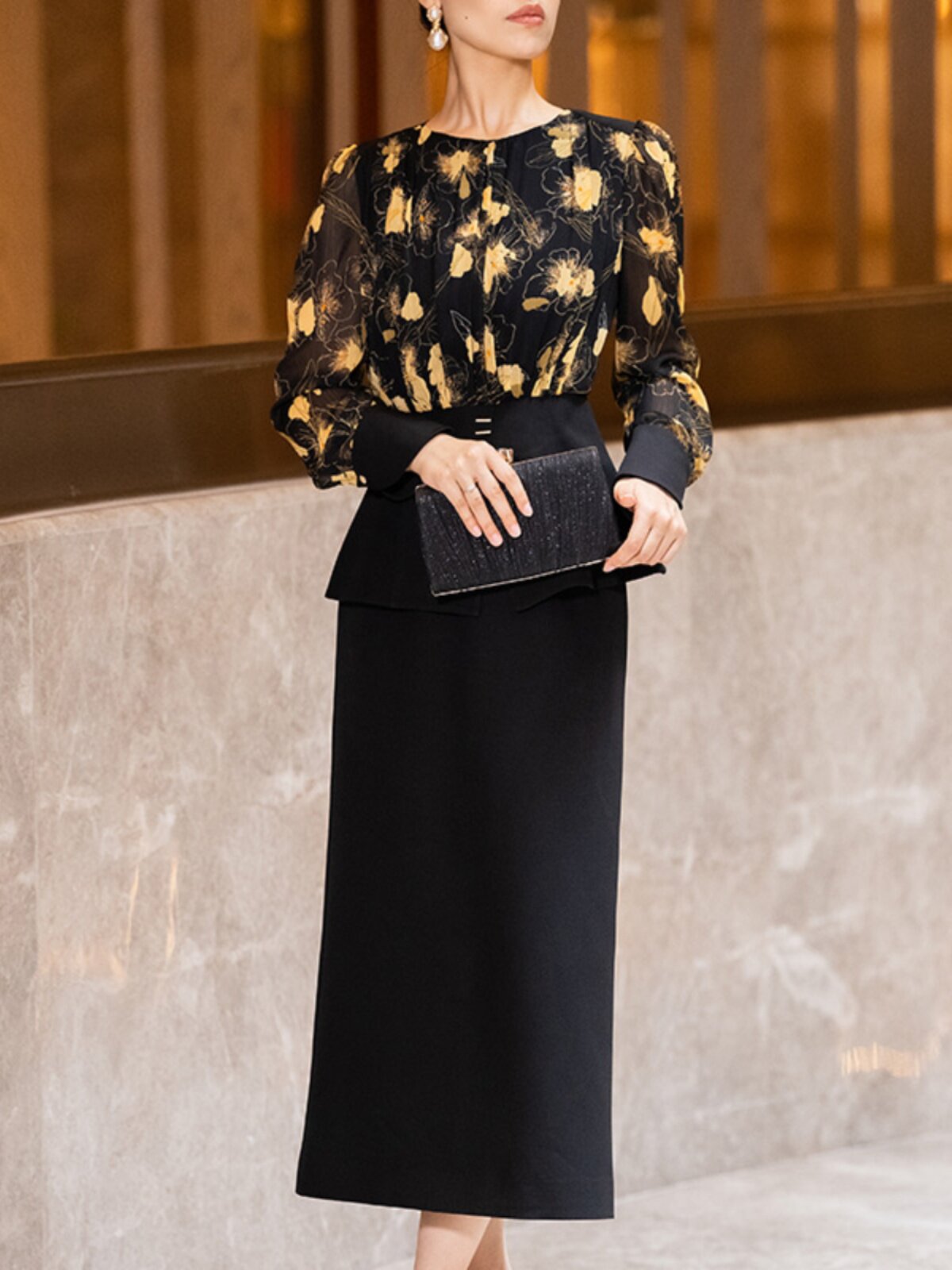 BLACK PRINTED SUIT WOMENS AUTUMN 2023 NEW TEMPERAMENT ELEGANT LONG SLEEVE SLIM SKIRT TWO-PIECE SET