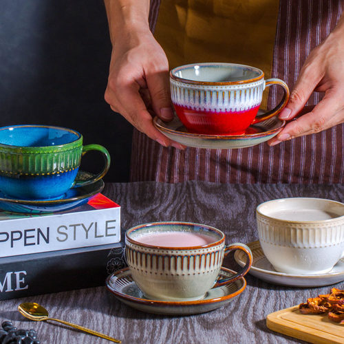 复古浮雕咖啡杯碟简约家用下午茶杯高颜值咖啡碟杯子