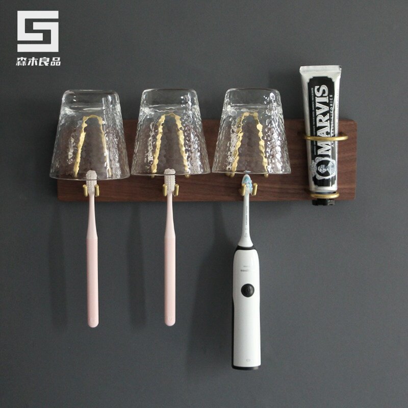 壁挂牙刷杯架浴室免打孔漱口杯实木置物架卫生间电动牙刷牙杯架子