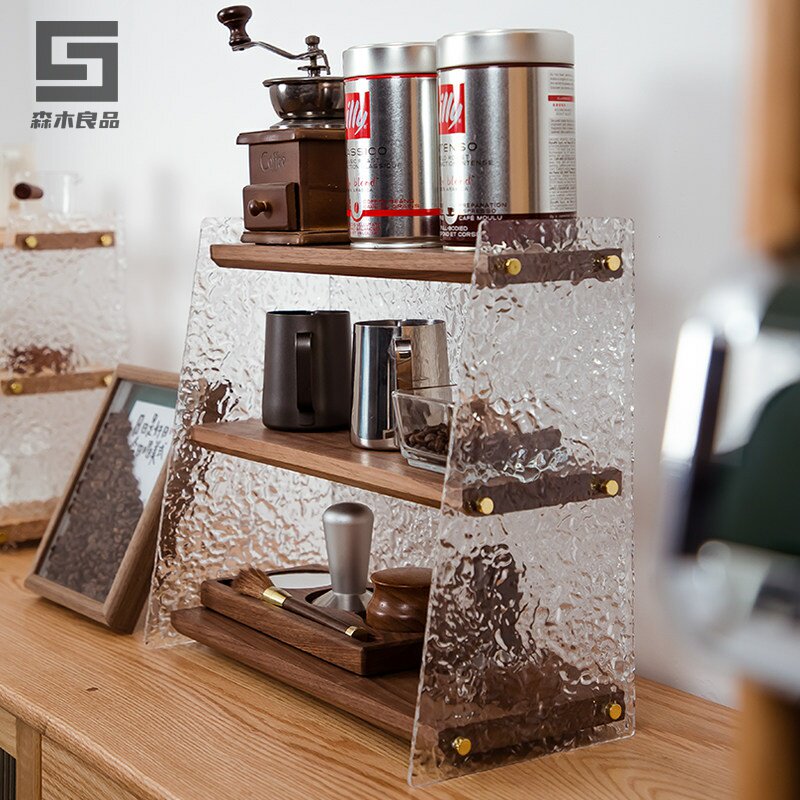 化妆品收纳盒黑胡桃多层置物架桌面水杯架杯子架实木亚克力展示架