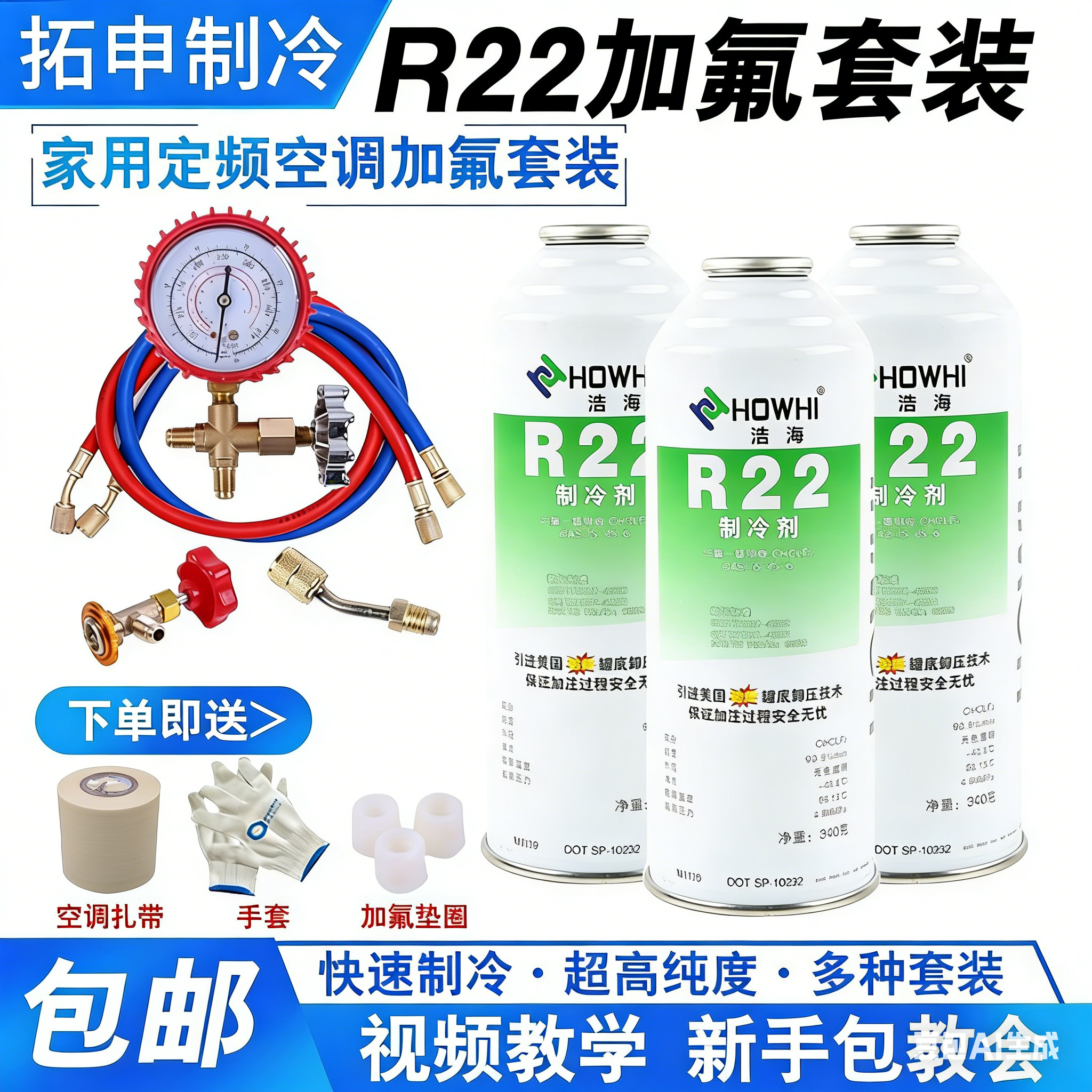家用空调R22制冷剂加氟工具套装 R410冰箱加雪种氟利昂冷媒表包邮