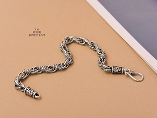 纯银做旧福字六字真言麻花手链好运连连足银雪花银傣家熟银食用银