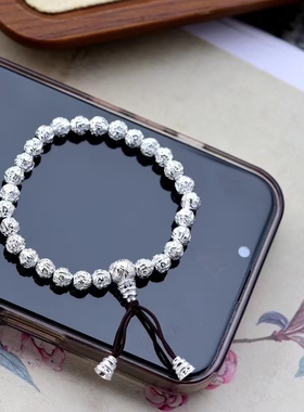 六字真言佛珠纯银男女素银心佛珠手串/好运连连/雪花银傣家熟银