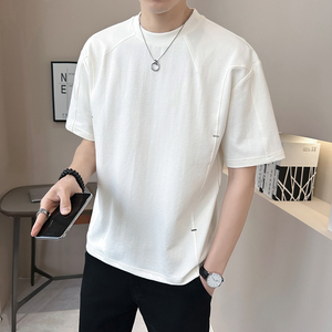 新面料轻奢高级男士设计感美式复古拼接短袖T恤半袖8771-P48,造型师佑群穿衣搭配图片