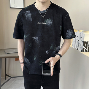 重磅提花轻奢男士设计感破洞潮牌扎染短袖T恤半袖T540-P48图片