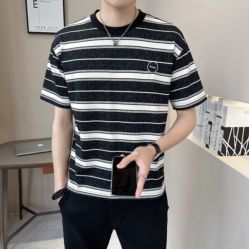 @店主2025新款设计男士高克重条纹圆领短袖T恤半袖8263-P48,男装T恤,电商D246
