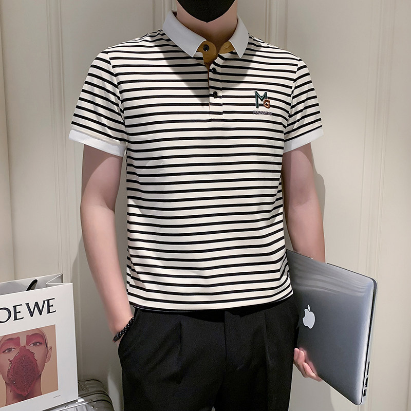 社会小伙冰感条纹刺绣修身短袖T恤polo衫数据好PL801-P48,男装Polo衫,电商D246