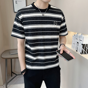 @店主 2025新款设计男士高克重条纹圆领短袖T恤半袖8263-P48图片