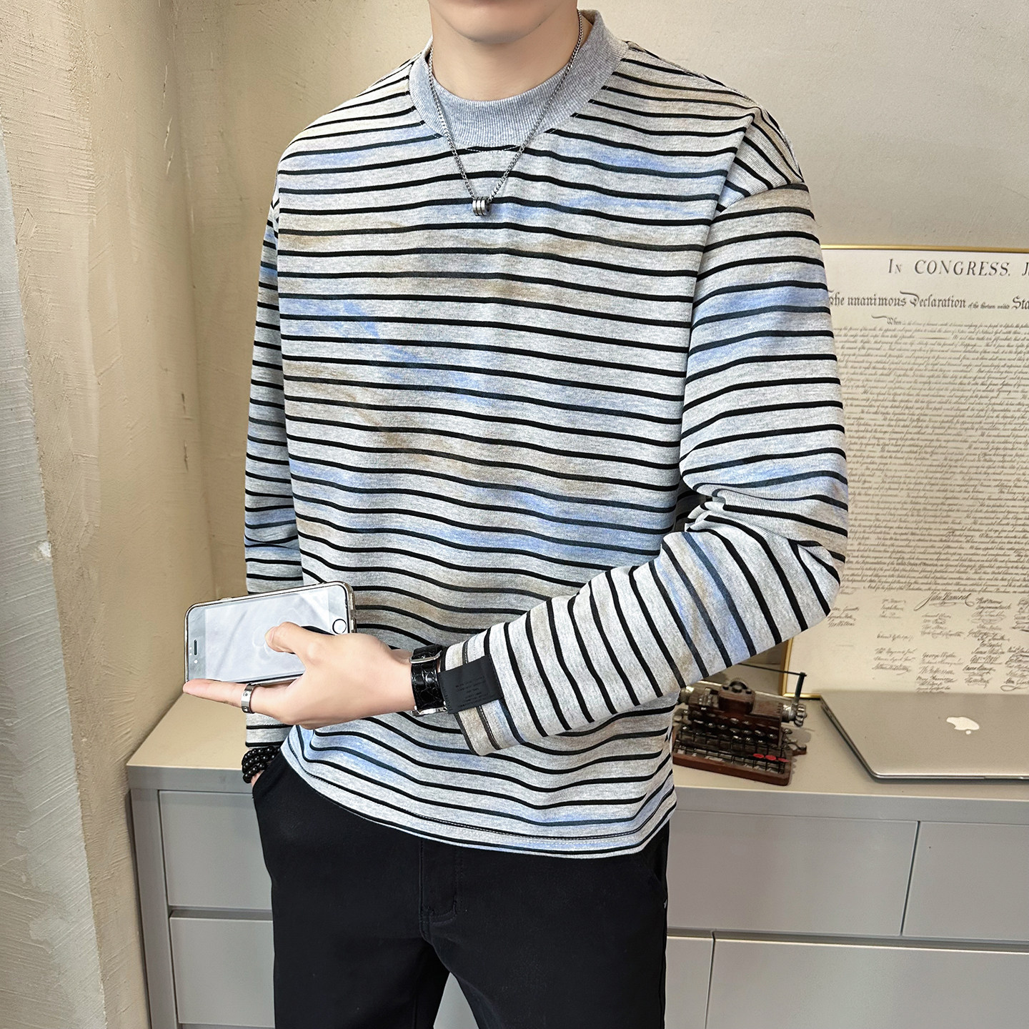 抖音 慵懒风上衣男扎染针织长袖卫衣圆领外套WY200-P68图片