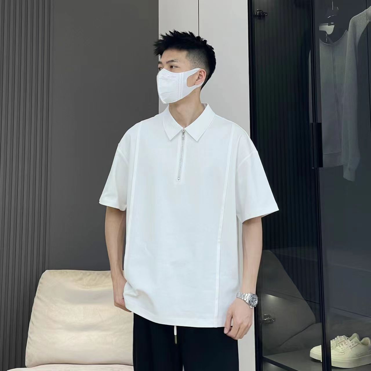 网图抖音 冰丝速干男士凉感撞色圆领短袖T恤polo杉T523-P55图片