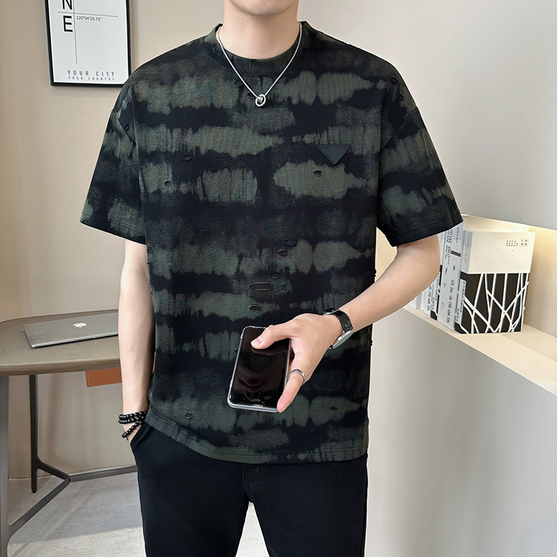 新面料轻奢破洞男士设计感晕染短袖T恤半袖8503-P48,男装T恤,电商D246