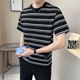 新面料轻奢冰丝男士设计感提花条纹短袖T恤半袖85159-P48，男装T恤，电商D246