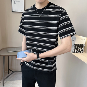 新面料轻奢冰丝男士设计感提花条纹短袖T恤半袖85159-P48图片