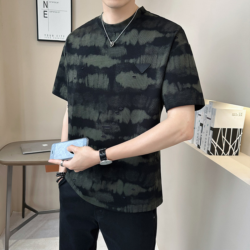 新面料轻奢破洞男士设计感晕染短袖T恤半袖8503-P48,男装T恤,电商D246