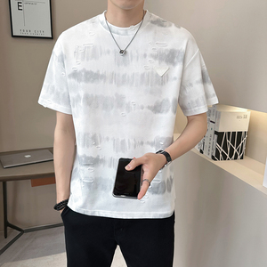新面料轻奢破洞男士设计感晕染短袖T恤半袖8503-P48图片