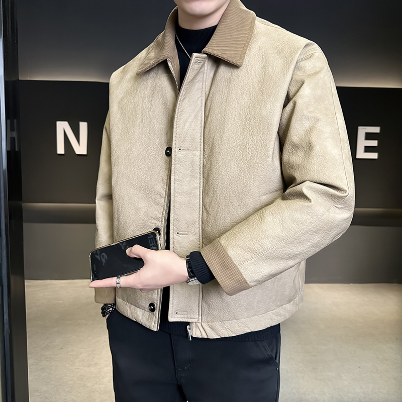 @标美式皮衣纹路感拼接PU翻领工装皮羽绒服男外套YR896-P205，男装皮衣，电商D246