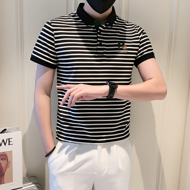 社会小伙冰感条纹刺绣修身短袖T恤polo衫数据好PL801-P48,男装Polo衫,电商D246