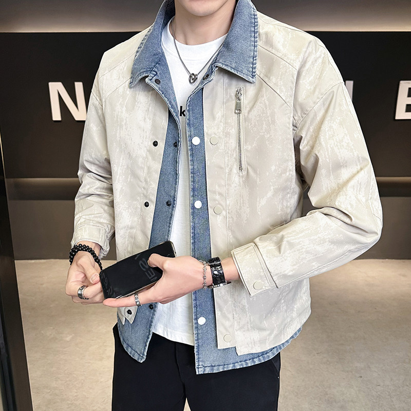 抖音男士牛仔拼接假两件水洗工装夹克外套152-P125,男装工装外套,电商D246
