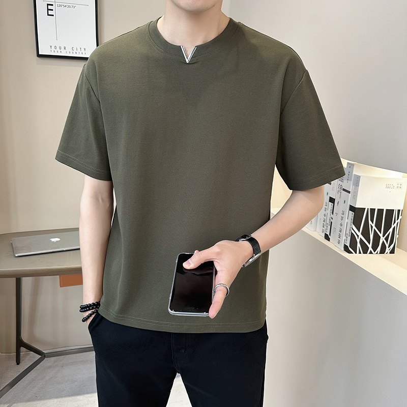 @店主2025新款设计男士高克重V领圆领短袖T恤半袖87012-P48,男装T恤,电商D246