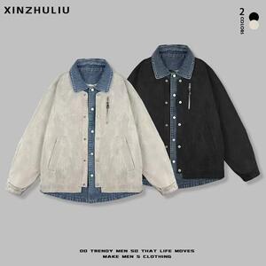 抖音男士牛仔拼接假两件水洗工装夹克外套152-P125图片