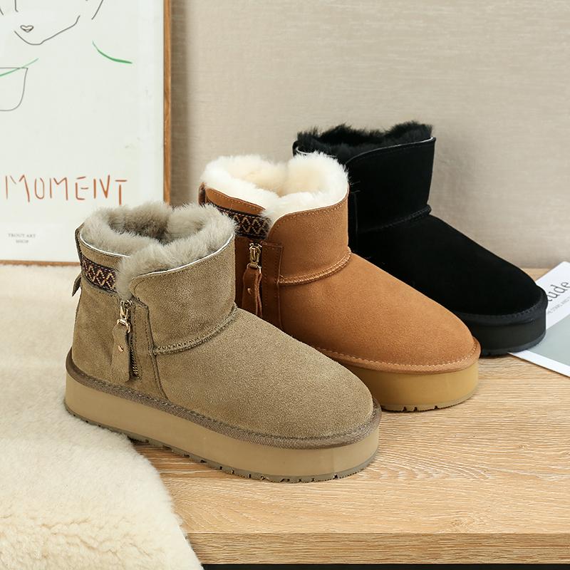 棉鞋皮毛一体短筒加绒雪地靴冬季