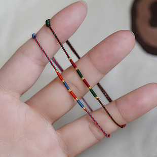 足金999黄金小隔片本命年纯手工编织红绳极细手链脚绳端午五彩绳