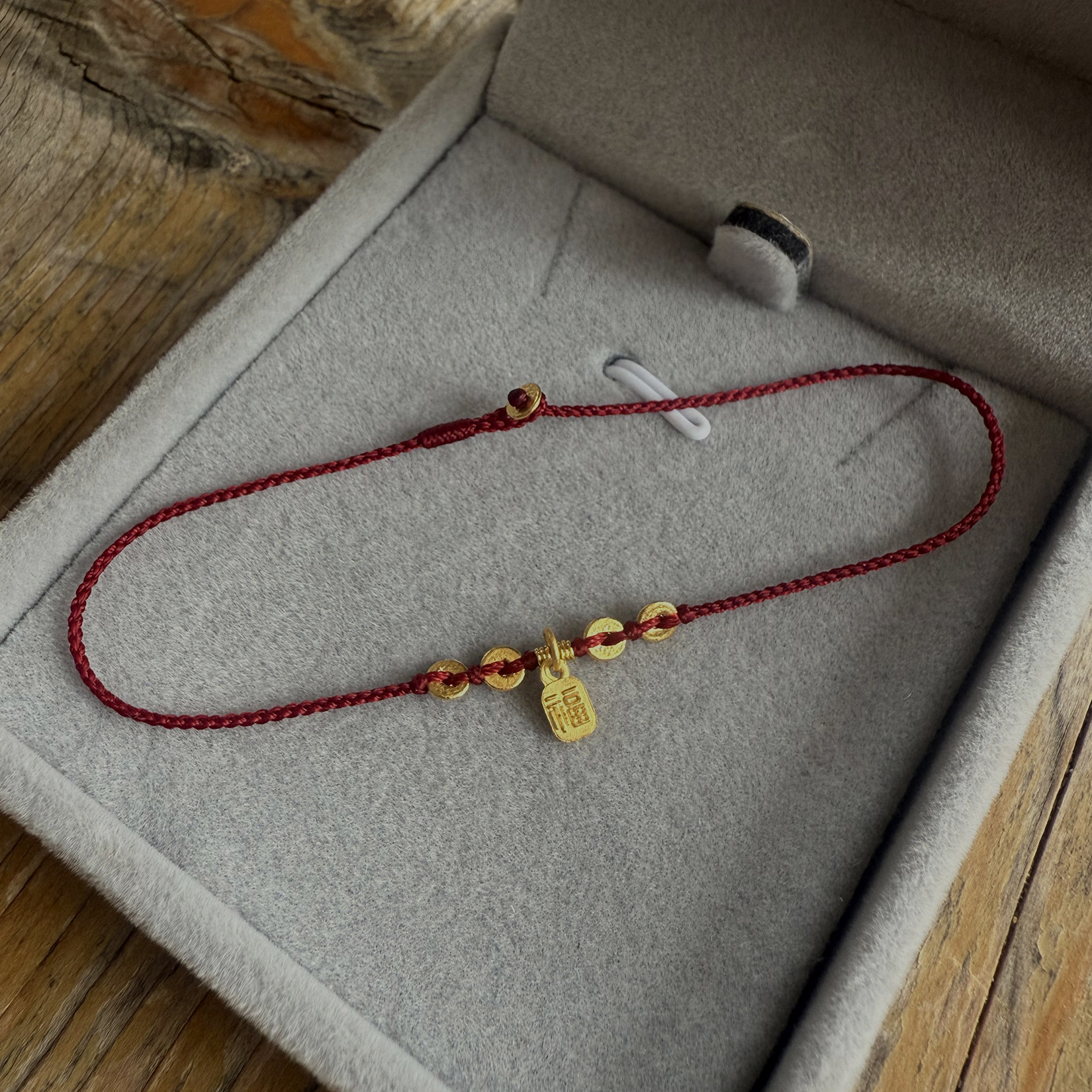 足金小福牌手工编织素金红绳精致