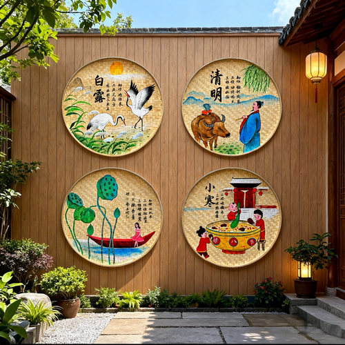 二十四节气手绘竹编簸箕画