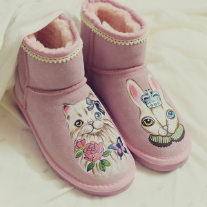 手绘雪地靴粉色兔子手工花边保暖