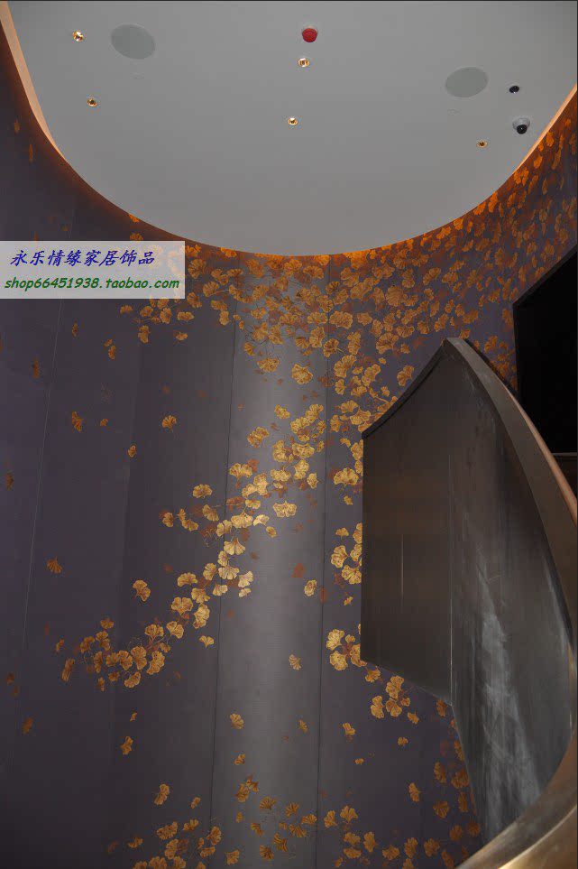 经典黑色底金色图壁纸工笔手绘银杏墙纸电视沙发客厅卧室书房背景