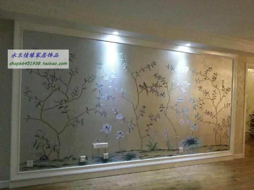 奢华欧式风格工笔手绘刷银粉真丝壁纸电视沙发墙客厅卧室书房墙纸