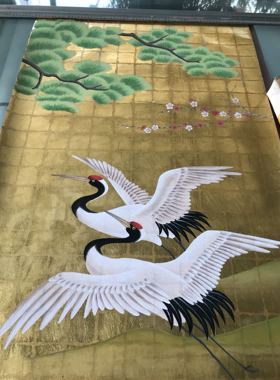 工笔仙鹤金箔手绘壁纸电视沙发客厅卧室书房玄关墙纸art wallpape