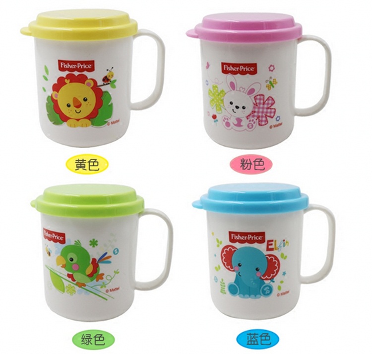 费雪宝宝水杯卡通牛奶杯刷牙杯带手柄盖子可爱儿童学饮杯女449