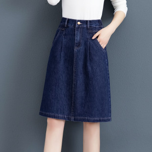 A字裙女中长款 牛仔短裙春秋宽松百搭半身裙高腰外穿后背松紧裙子