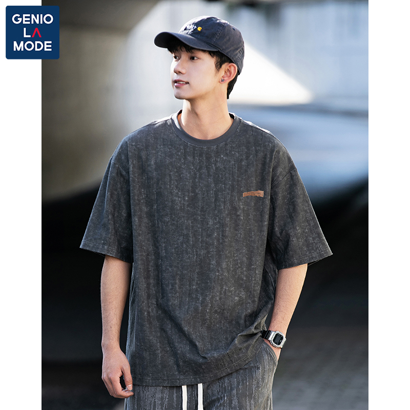 GENIOLAMODE老钱风短袖男士夏季松弛感穿搭水洗肌理纹提花t恤套装