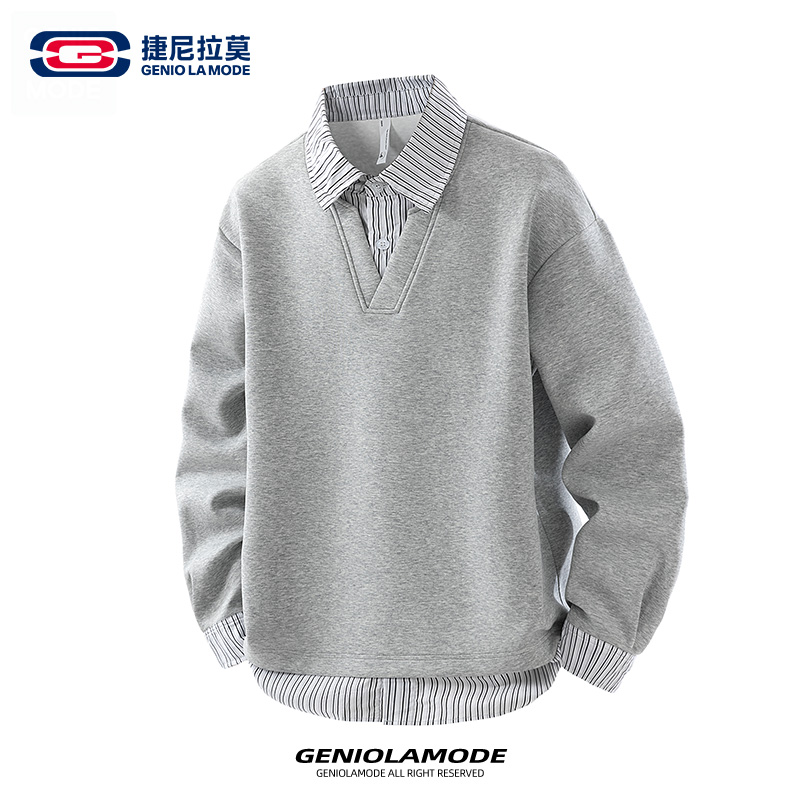 GENIOLAMODE美式卫衣男冬季oversize假两件外套抗皱POLO领打底衫