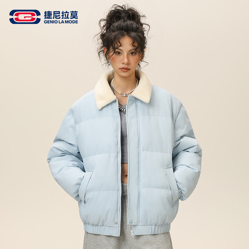 捷尼拉莫韩版翻领棉服男女冬季羊羔绒加厚棉衣情侣保暖百搭棉袄男