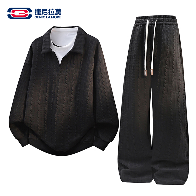 GENIOLAMODE假两件卫衣套装男秋冬肌理休闲长裤子宽松运动一整套
