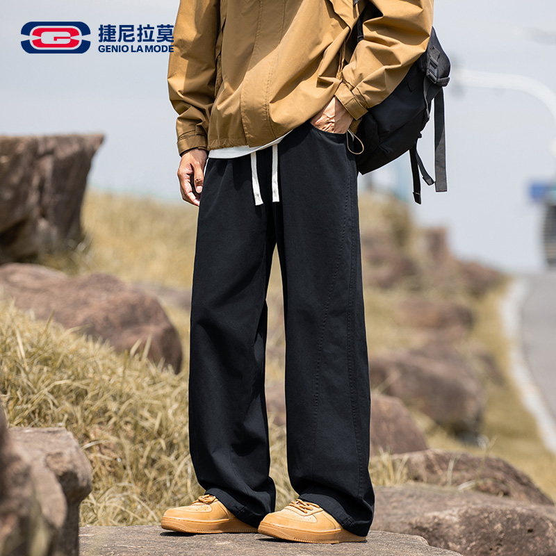 捷尼拉莫加厚绒裤子男款黑色纯棉加绒潮牌工装裤冬季耐磨直筒裤男