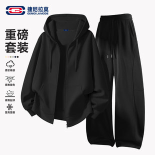 GENIOLAMODE跑步男运动套装冬季棉感重磅宽松外套黑色休闲一整套